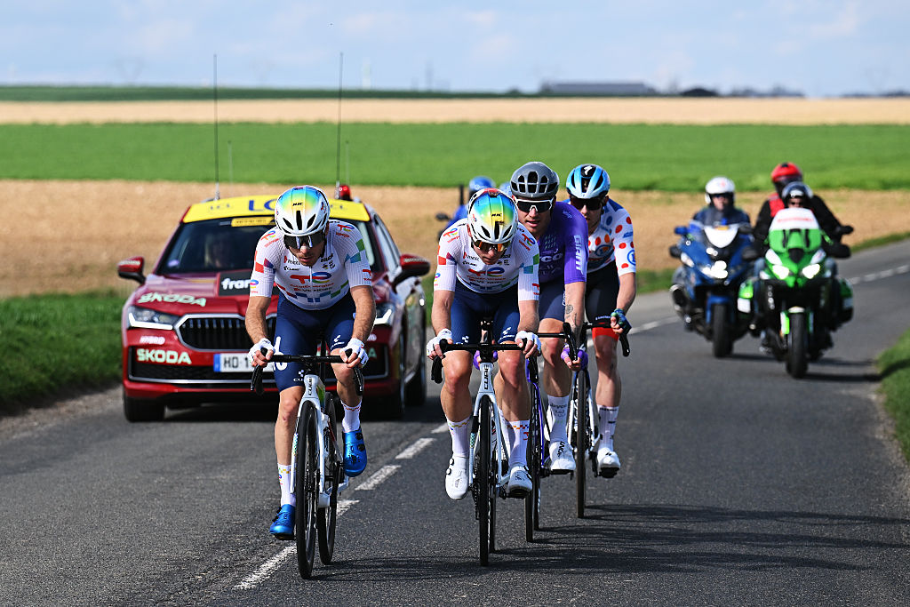 MONTARGIS, FRANCE - MARCH 09: (L-R) Matteo Vercher of France and Mathis Le Berre of France and Team TotalEnergies compete in the breakaway during the 84th Paris-Nice 2026, Stage 2 a 187km stage from Epone to Montargis / #UCIWT / on March 09, 2026 in Montargis, France. (Photo by Szymon Gruchalski/Getty Images)