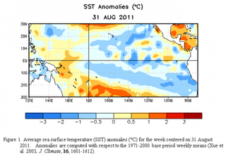 Average sea surface temperature (SST) anomalies (degree C) for the week centered on Aug. 31, 2011, indicate the re-emergence of La Ni