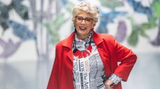 Prue Leith at walk through before modelling sustainable fashion designers Vin + Omi show titled Jord at art'otel London Hoxton for London Fashion Week