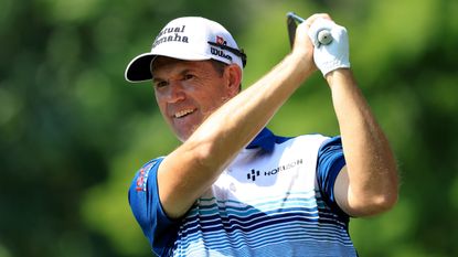 Padraig Harrington plays a shot during the final round of the 2022 US Seniors Open