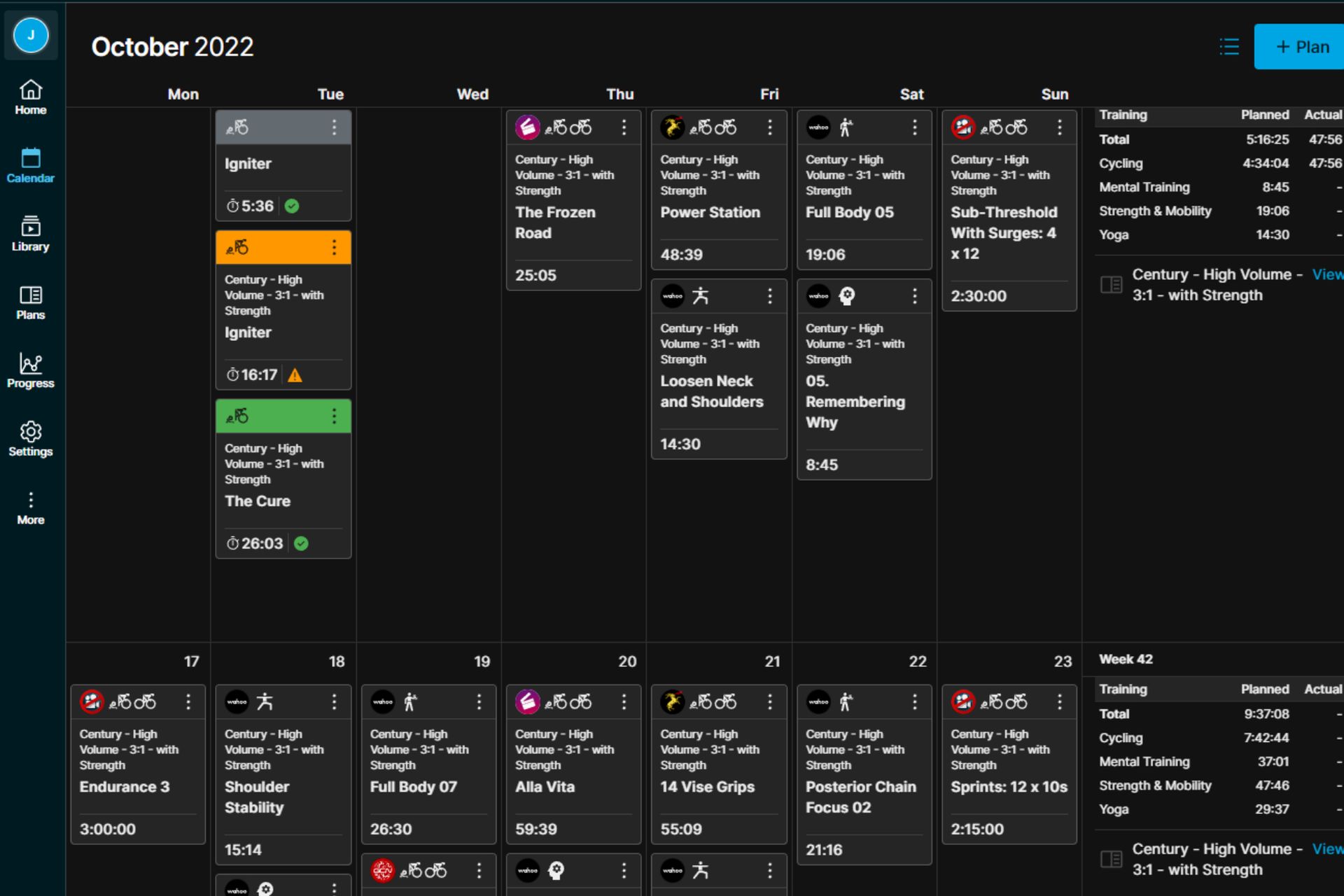 Image shows Wahoo X training calendar