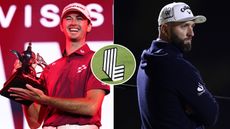 Elvis Smylie holds a trophy, Jon Rahm stares into the distance