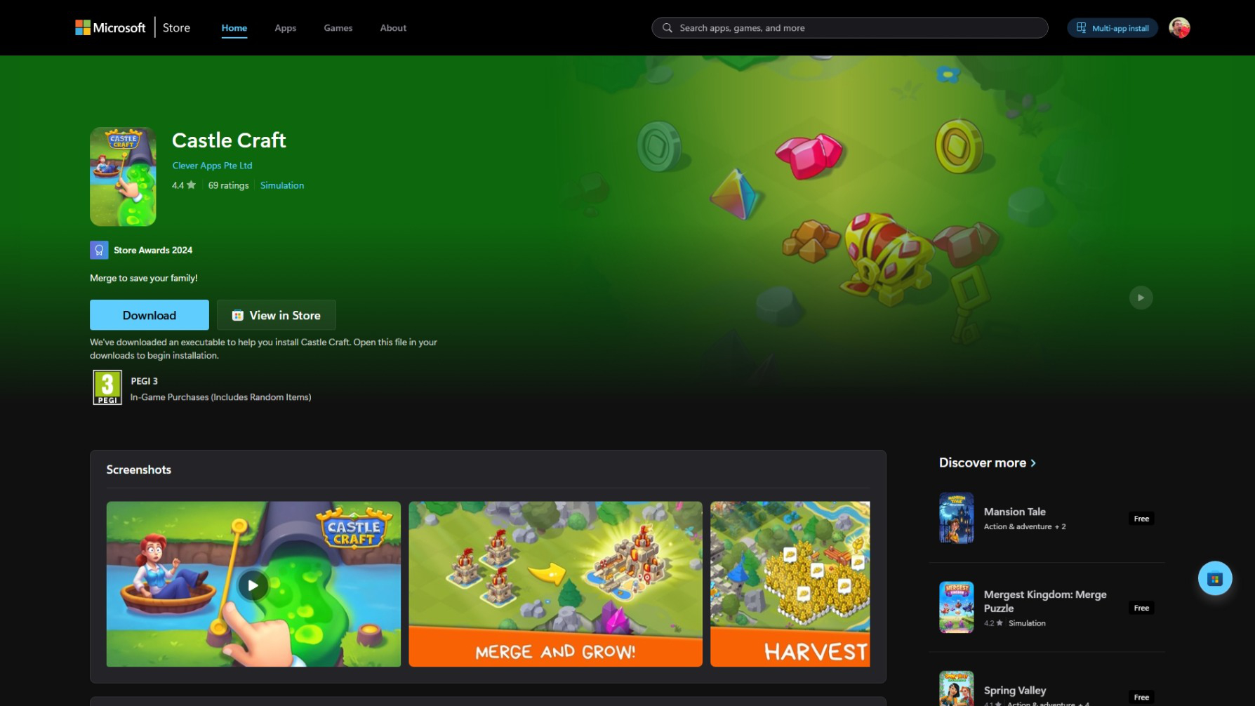 Screenshot of Microsoft Store listing for Castle Craft.