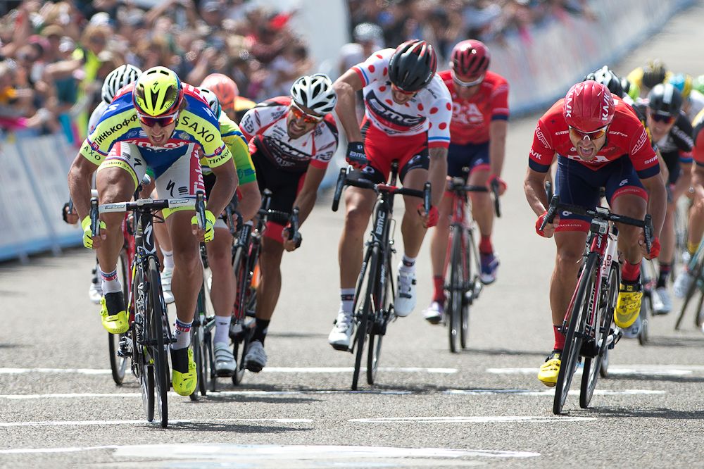 Sebastian Haedo and Daniel Oss battle in the sprint for stage 4 at the 2015 Tour of California