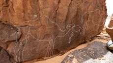 A carving of a camel on a rock outcropping. 