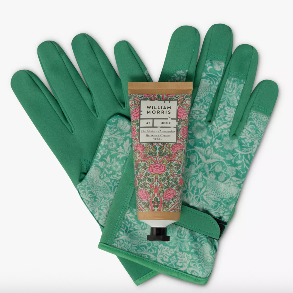 William Morris hand cream and gardening gloves