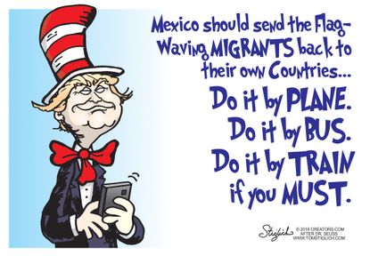 Political cartoon U.S. Trump Dr. Seuss Cat in the Hat migrants Mexico border