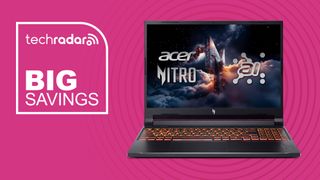 Acer Nitro V 16 on pink background with TechRadar big savings sign