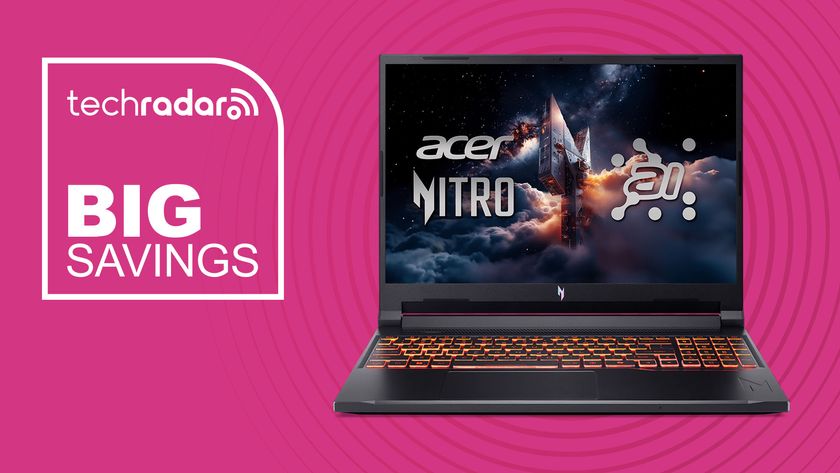 Acer Nitro V 16 on pink background with TechRadar big savings sign