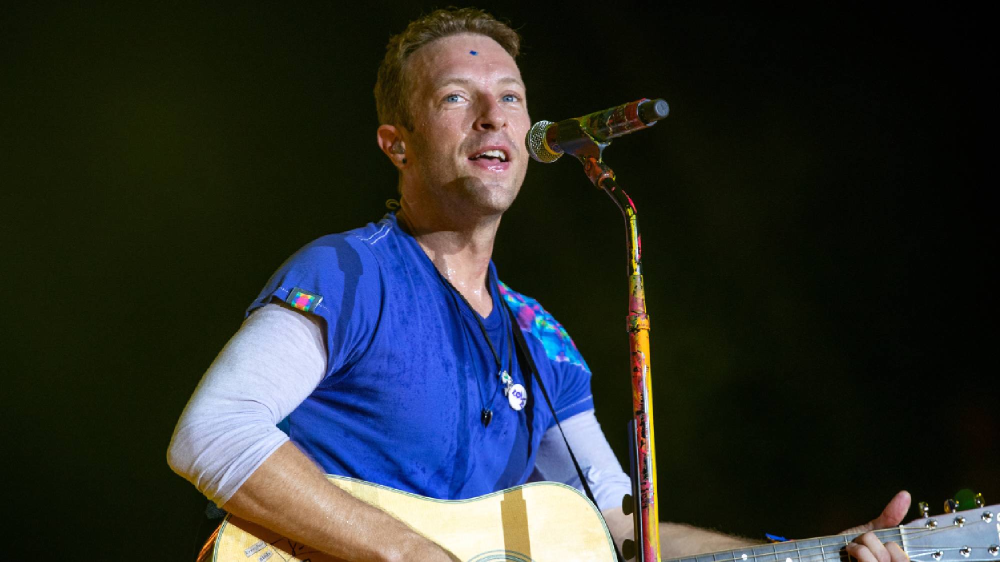 Chris Martin of Coldplay performs on the main Pyramid Stage at the 2016 Glastonbury Festival