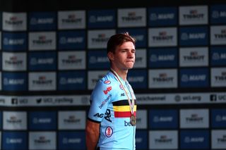 WOLLONGONG AUSTRALIA SEPTEMBER 18 Bronze medalist Remco Evenepoel of Belgium poses on the podium during the medal ceremony after the 95th UCI Road World Championships 2022 Men Individual Time Trial a 342km individual time trial race from Wollongong to Wollongong Wollongong2022 on September 18 2022 in Wollongong Australia Photo by Con ChronisGetty Images