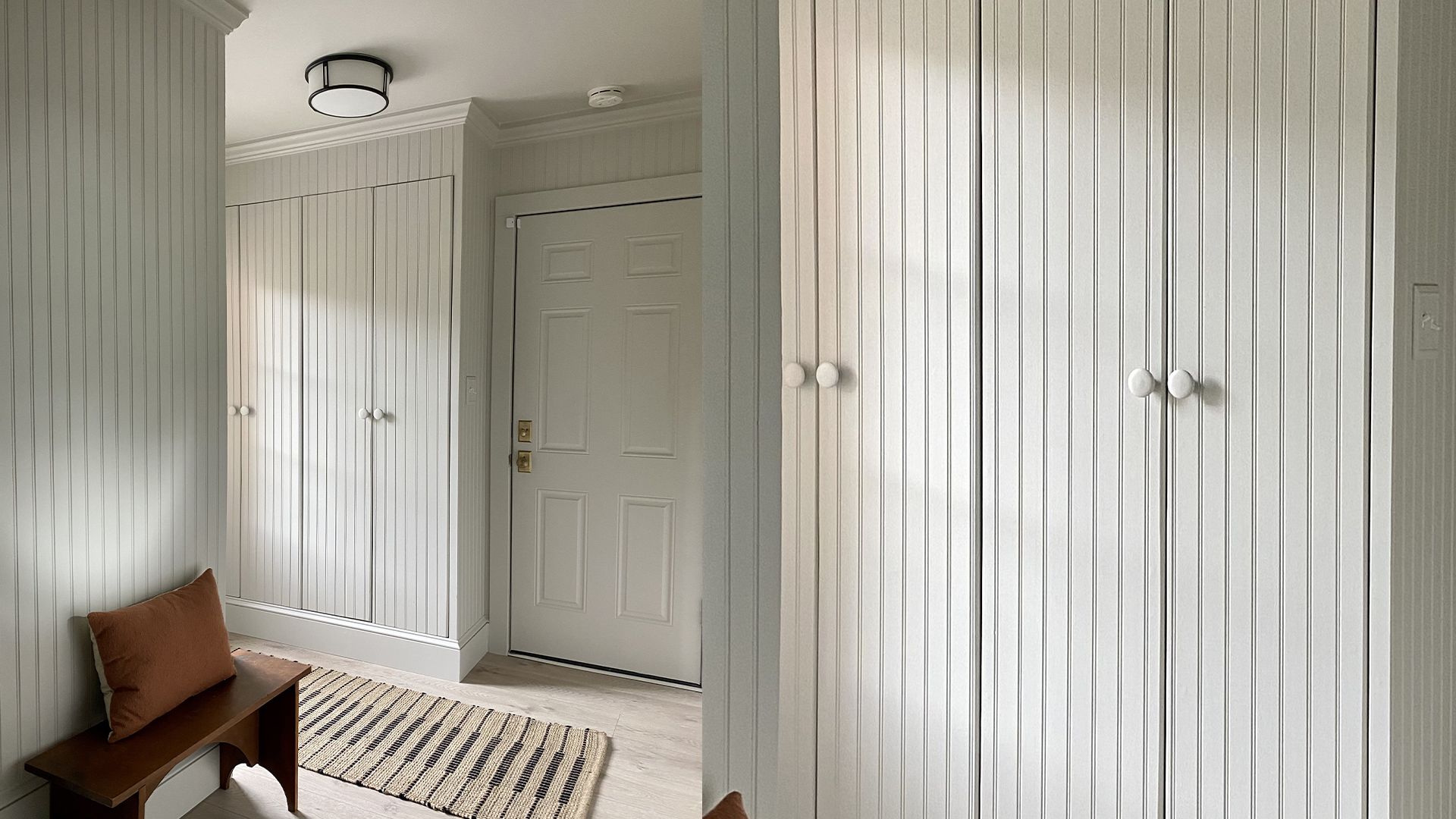 Pale blue hallway with built-in IKEA Pax closet hack and beadboard.