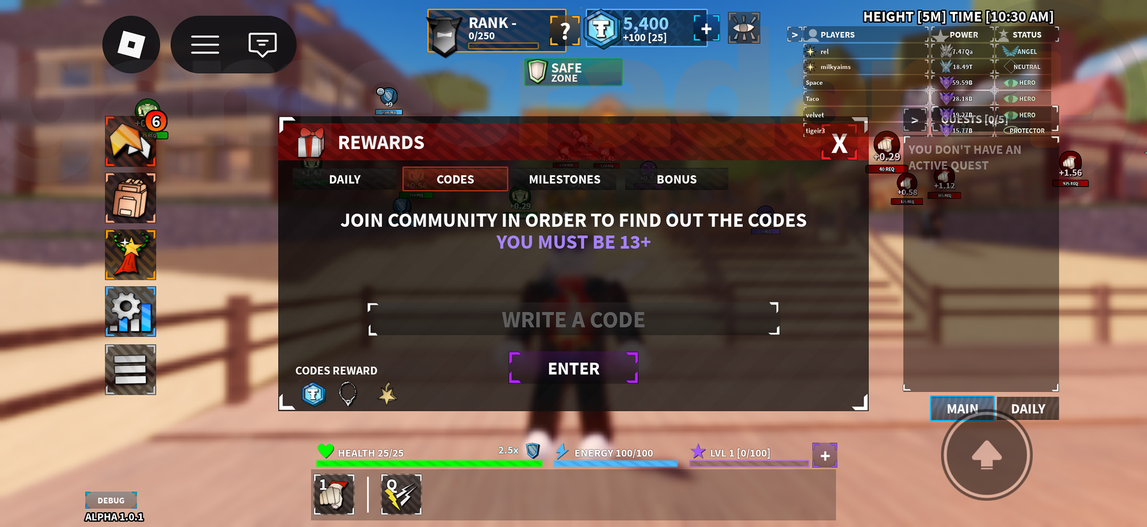 The menu where you can redeem Anime Power League codes