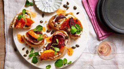 bruschetta topped with beetroot and butternut squash