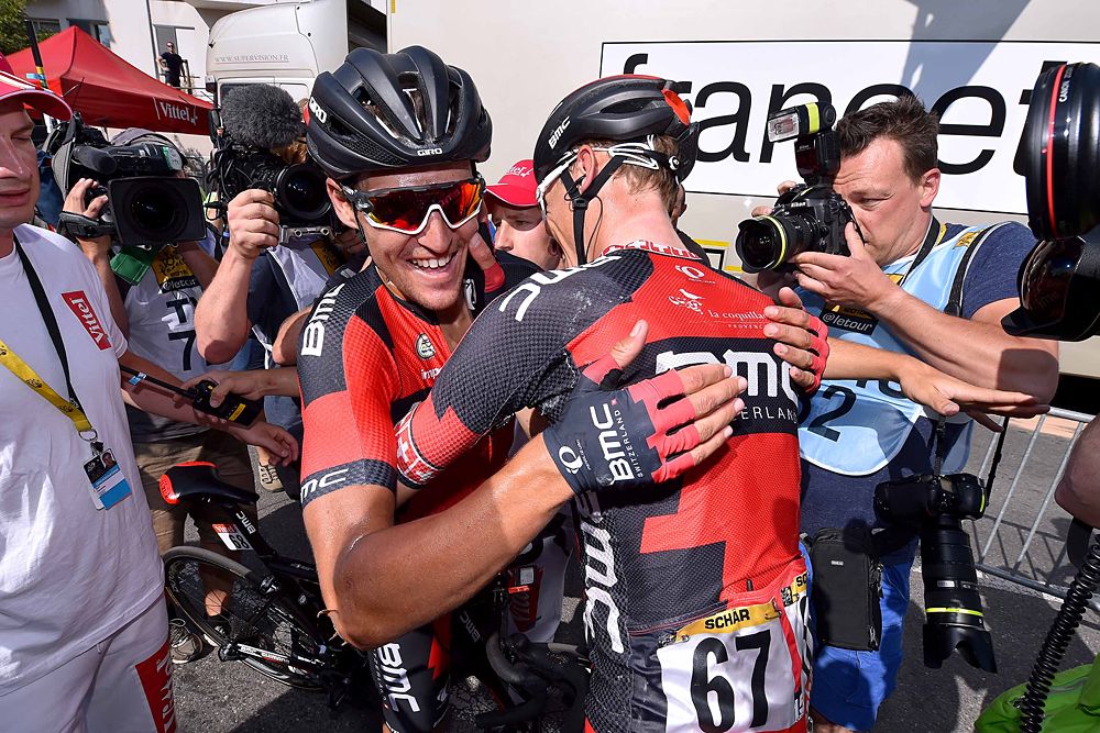 Greg Van Avermaet (BMC) gets hugs from his teammates after winning stage 13
