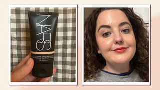 An image of senior beauty editor Rhiannon Derbyshire holding a bottle of the NARS Tinted Moisturiser alongside another image of her wearing it on her skin to illustrate the options for the best NARS foundation