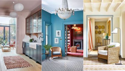 Interior design trends 2024. Pink and blue modern kitchen. Blue entryway. Cream living room.