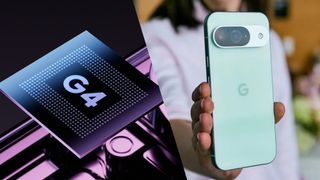 Google Tensor G4 chip next to Google Pixel 9