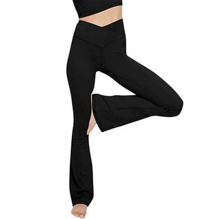 Topyogas Lässige Bootleg-Yogahose für Damen, hoch taillierte Trainingshose, V-Crossover-Leggings, Schwarz