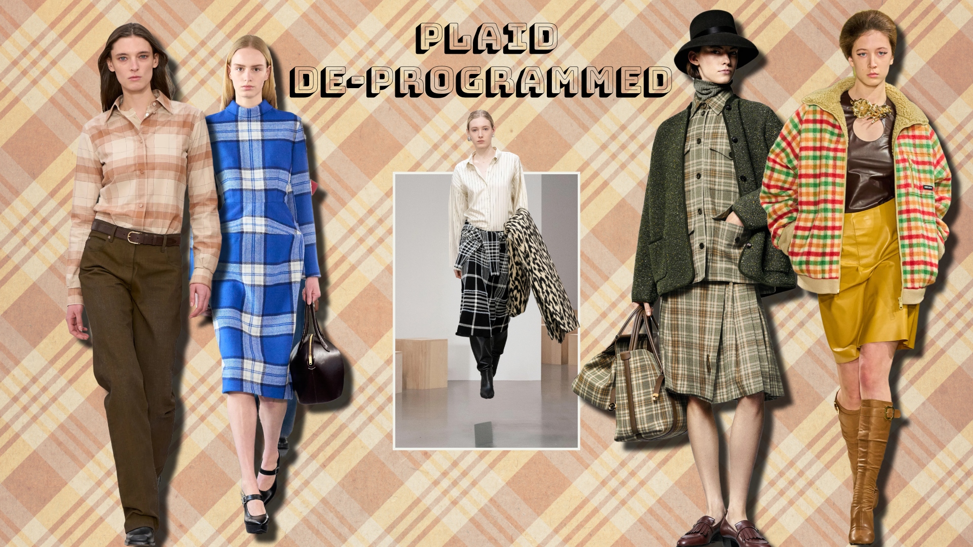 Runway shots of models showcasing Fall 2025’s plaid trend.