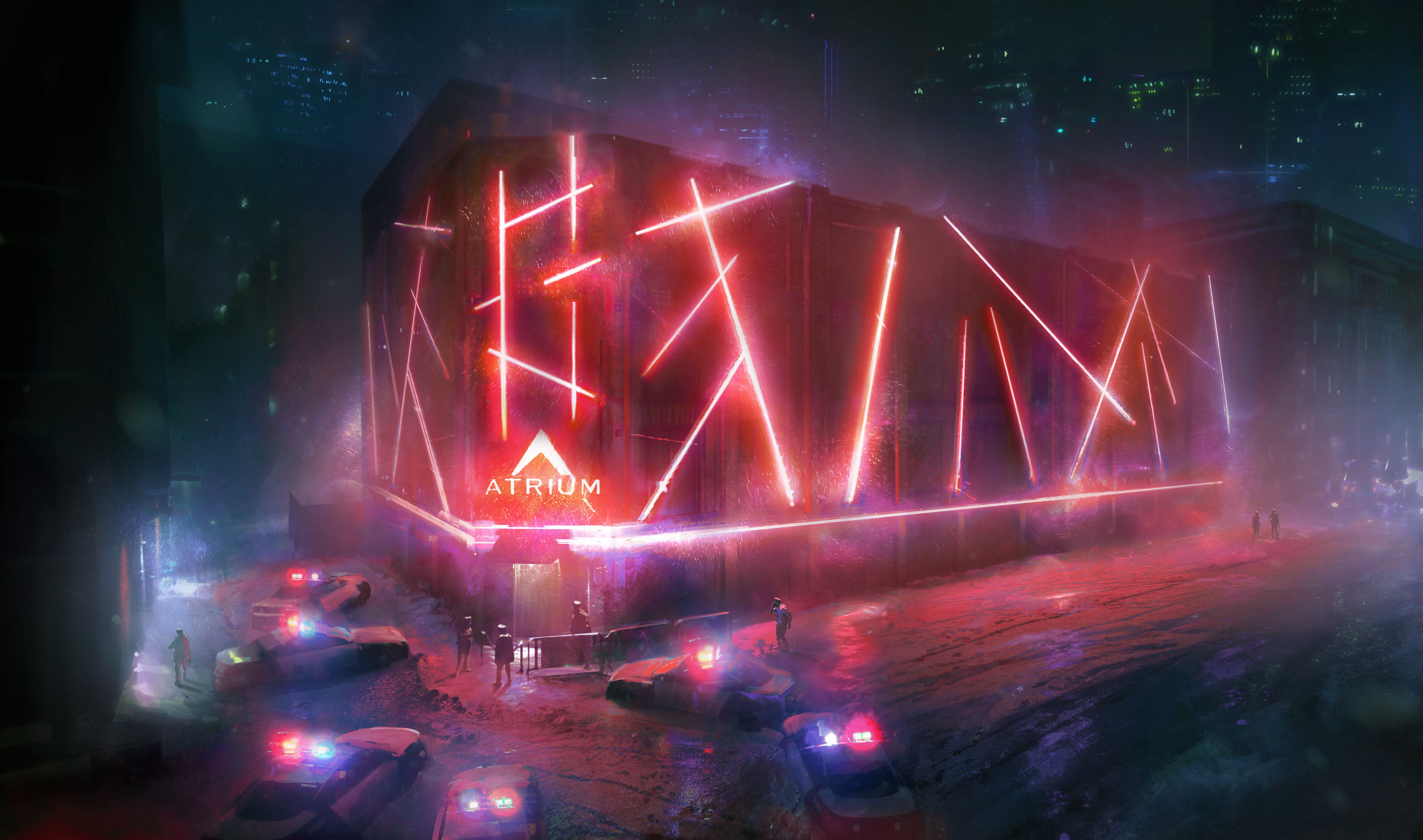 concept art of police cars parked outside cyberpunk nightclub