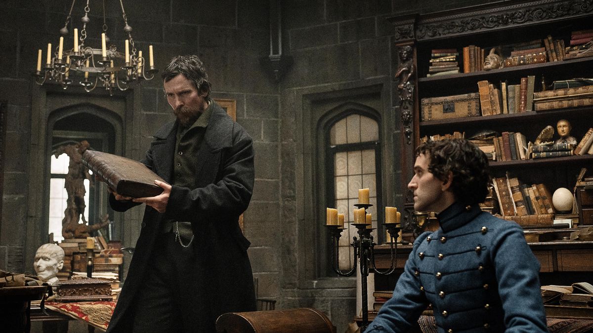 Augustus Landor (Christian Bale) and Edgar Allan Poe (Harry Melling) in The Pale Blue Eye