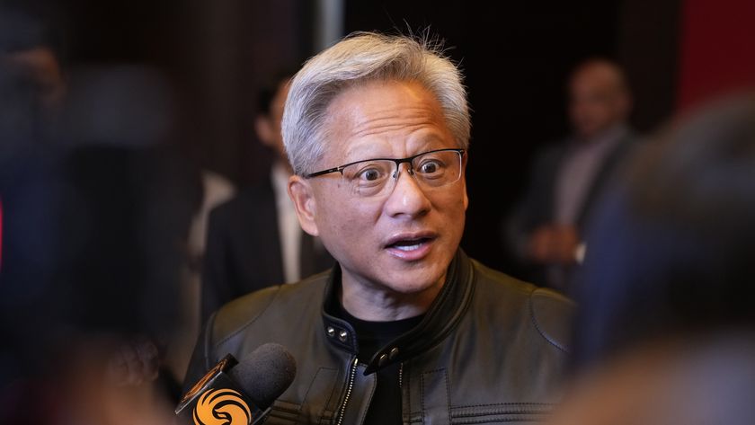 Jensen Huang looking surprised in a chat with media.