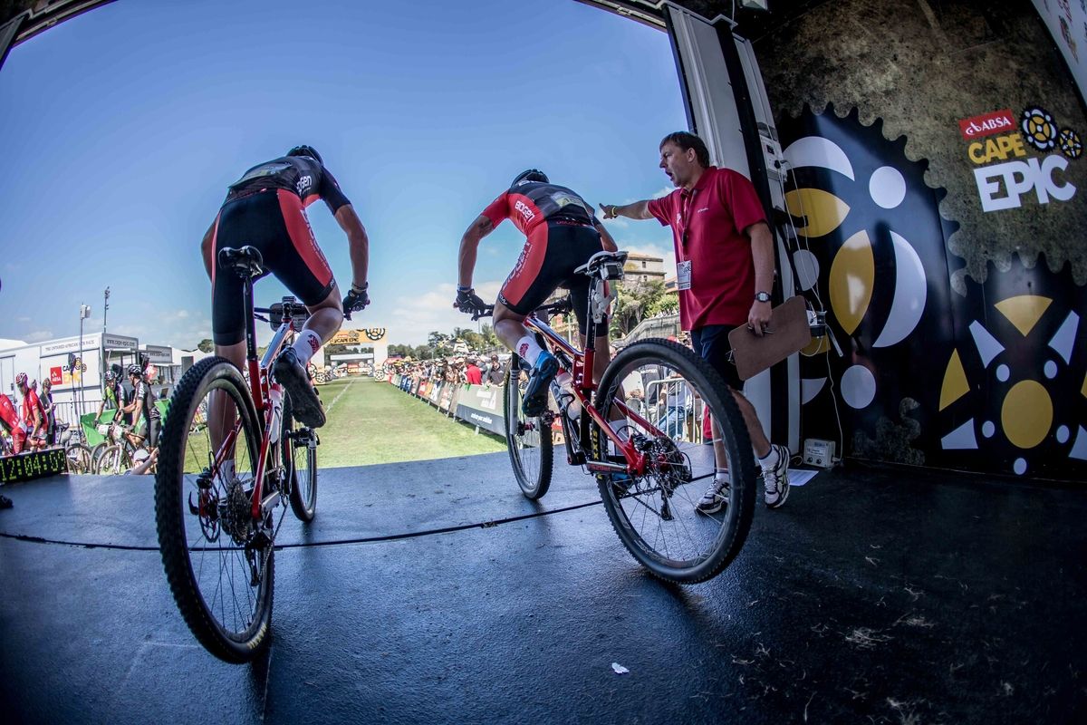 Riders head off from the ramp for the Cape Epic prologue