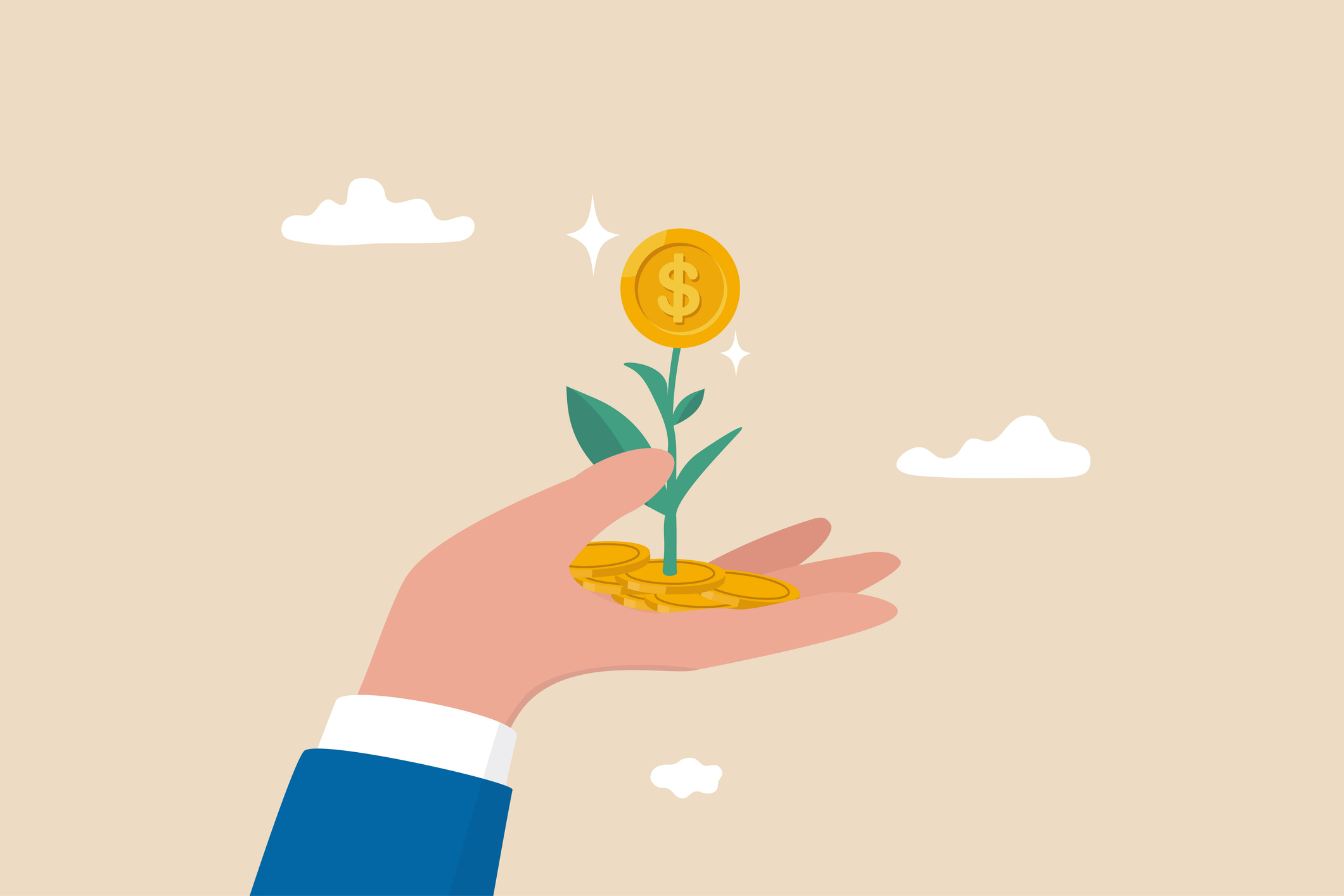 a cartoon hand holding a money plant to the sky