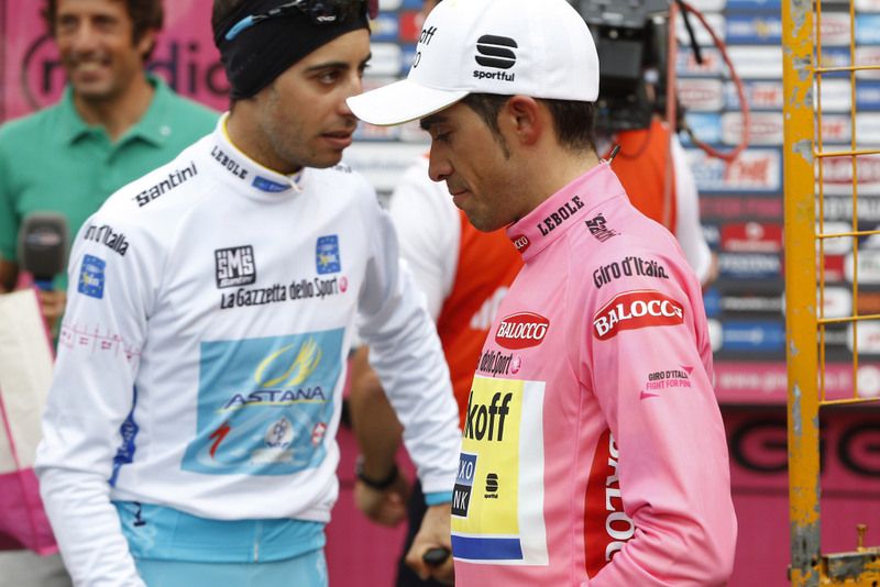 The white jersey leader Fabio Aru and maglia rosa Alberto Contador (Tinkoff-Saxo)