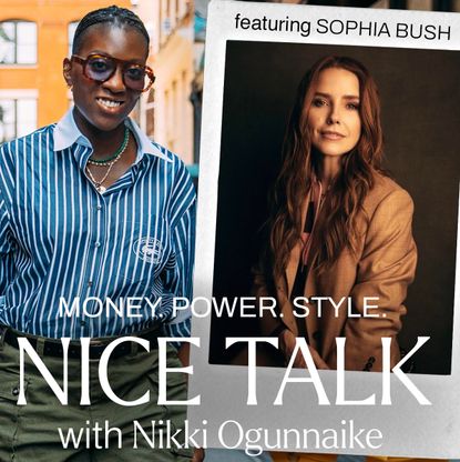 A photo of Nikki Ogunnaike with an inset photo of Sophia Bush and text reading Money. Power. Style. Nice Talk with Nikki Ogunnaike