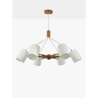 6-arm walnut brass and white chandelier