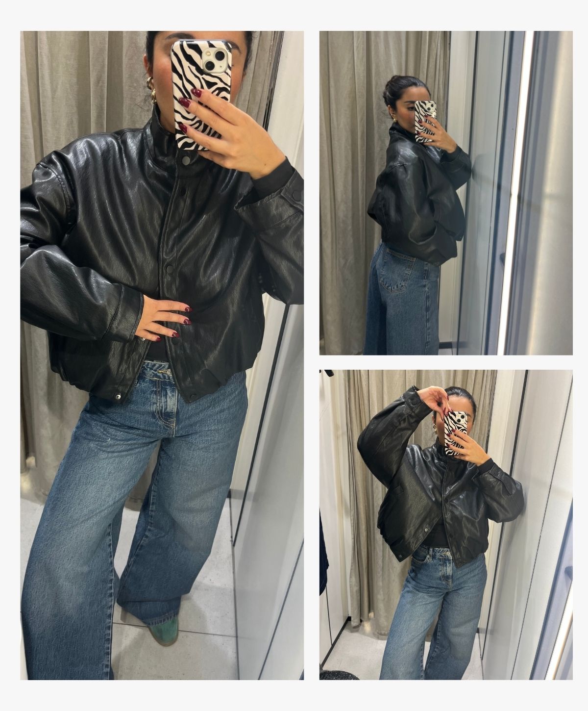 Senior Shopping Editor Marina Avraam wearing Zara's wide-leg jeans with a black bomber jacket.