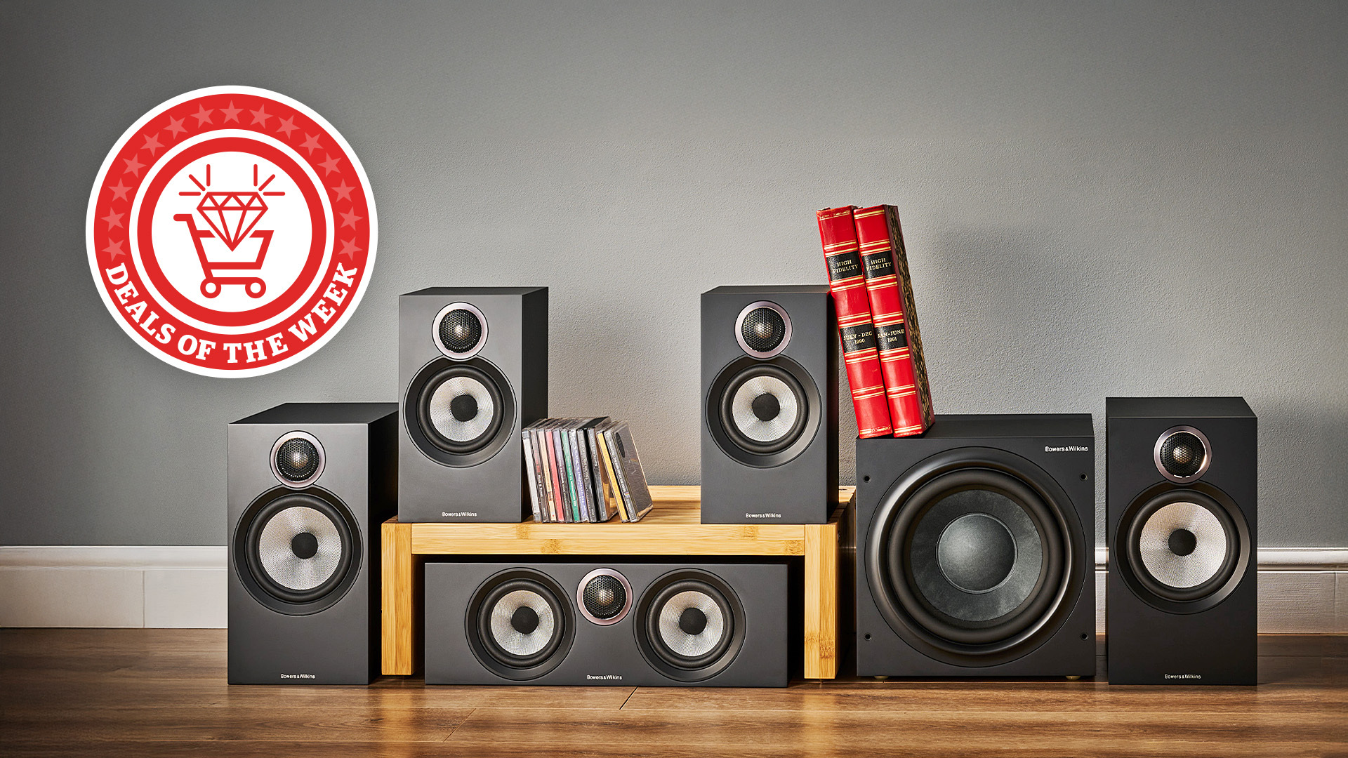 A press image of the  Bowers & Wilkins 606 & 607 S3 speaker package with the Deals of the Week logo overlaid