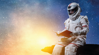 book cover showing astronaut near glowing cloud