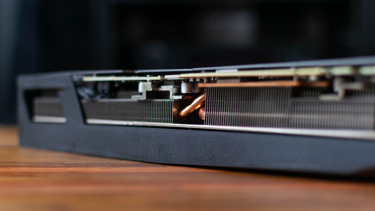 A closeup of the Gigabyte GeForce RTX 3090 GAMING OC 24G's heatsinks and heat pipes