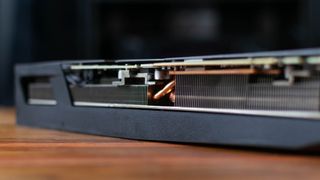 A closeup of the Gigabyte GeForce RTX 3090 GAMING OC 24G's heatsinks and heat pipes