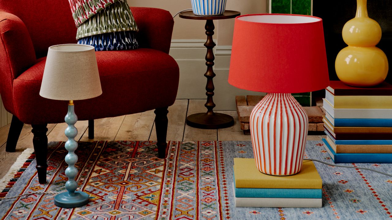 John Lewis striped and bobbin table lamp displayed in living room