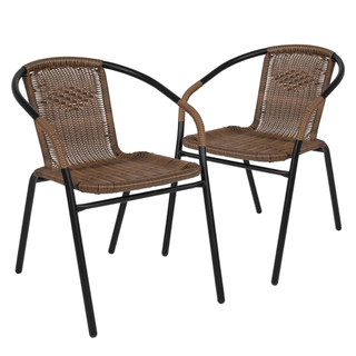brown rattan restaurant style chairs with black accens