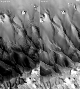 Side by side comparison of the same region (nearly four years apart) of Nili Fossae as imaged by the HiRISE camera. The dark lines are dust devil tracks.