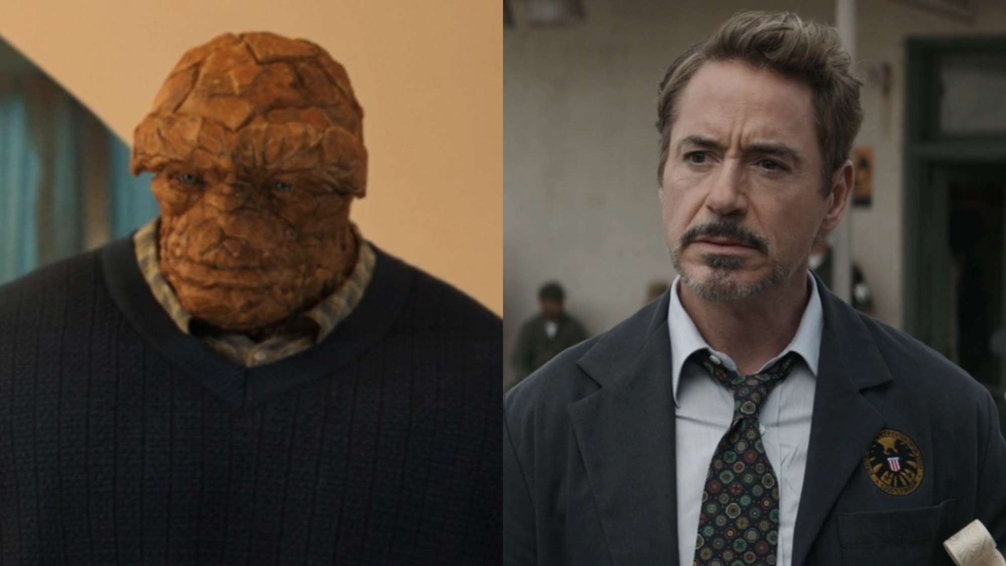 From left to right: Ebon Moss-Bachrach as The Thing in Fantastic Four: First Steps and Robert Downey Jr. as Tony Stark in Avengers: Endgame. 