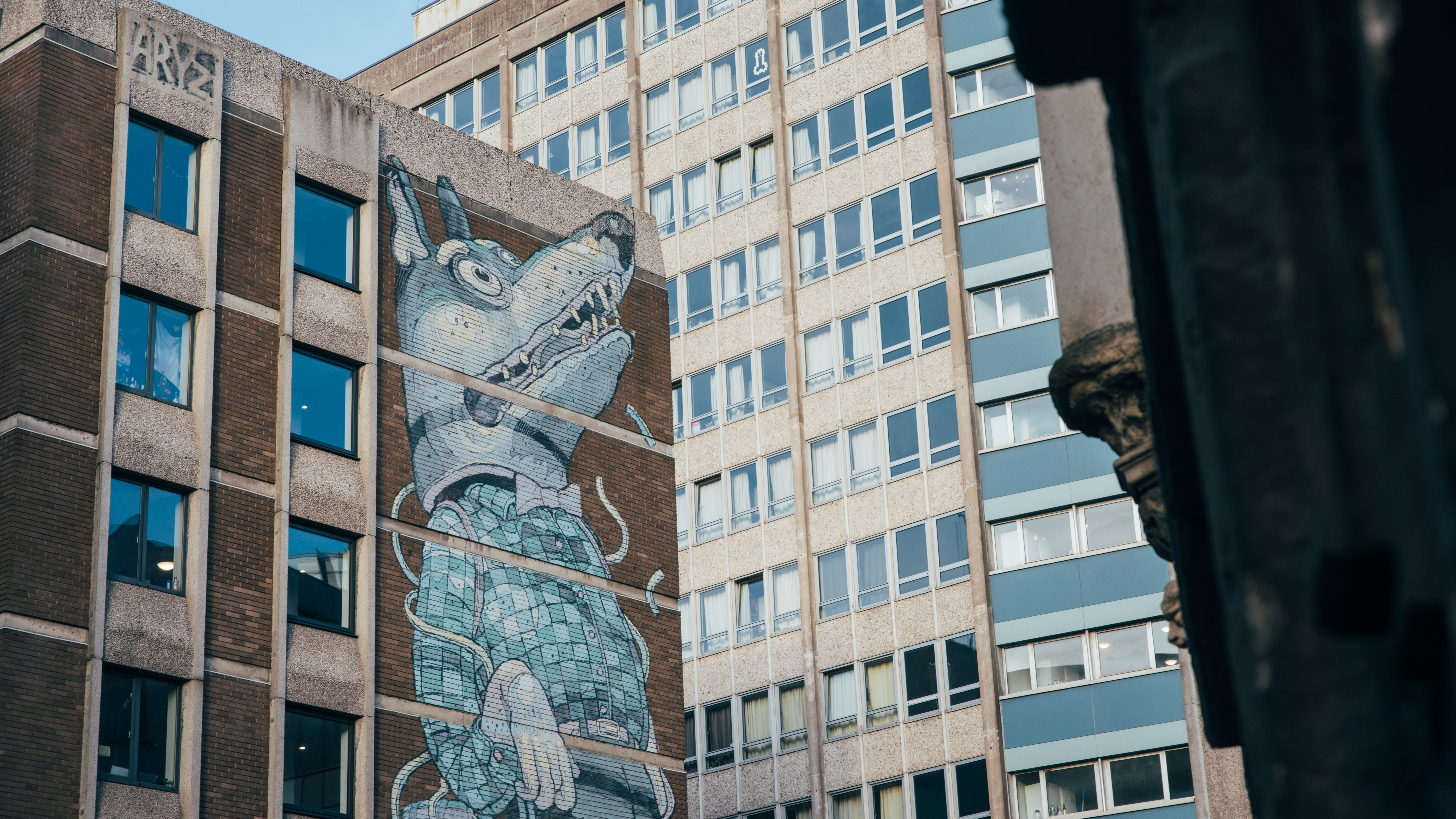 Shot of a large graffiti dog on the side of a building in Bristol, UK