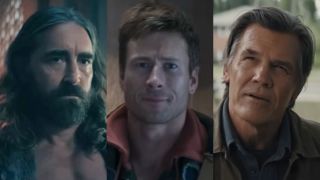 From left to right: Lee Pace in Foundation, Glen Powell in The Running Man and Josh Brolin in Weapons. 