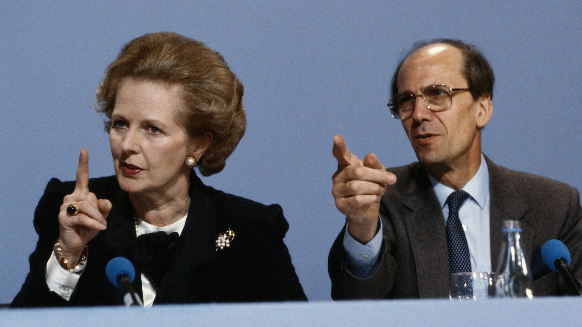 Norman Tebbit with Margaret Thatcher campaigning on the eve of the UK general election, 10 June 1987.