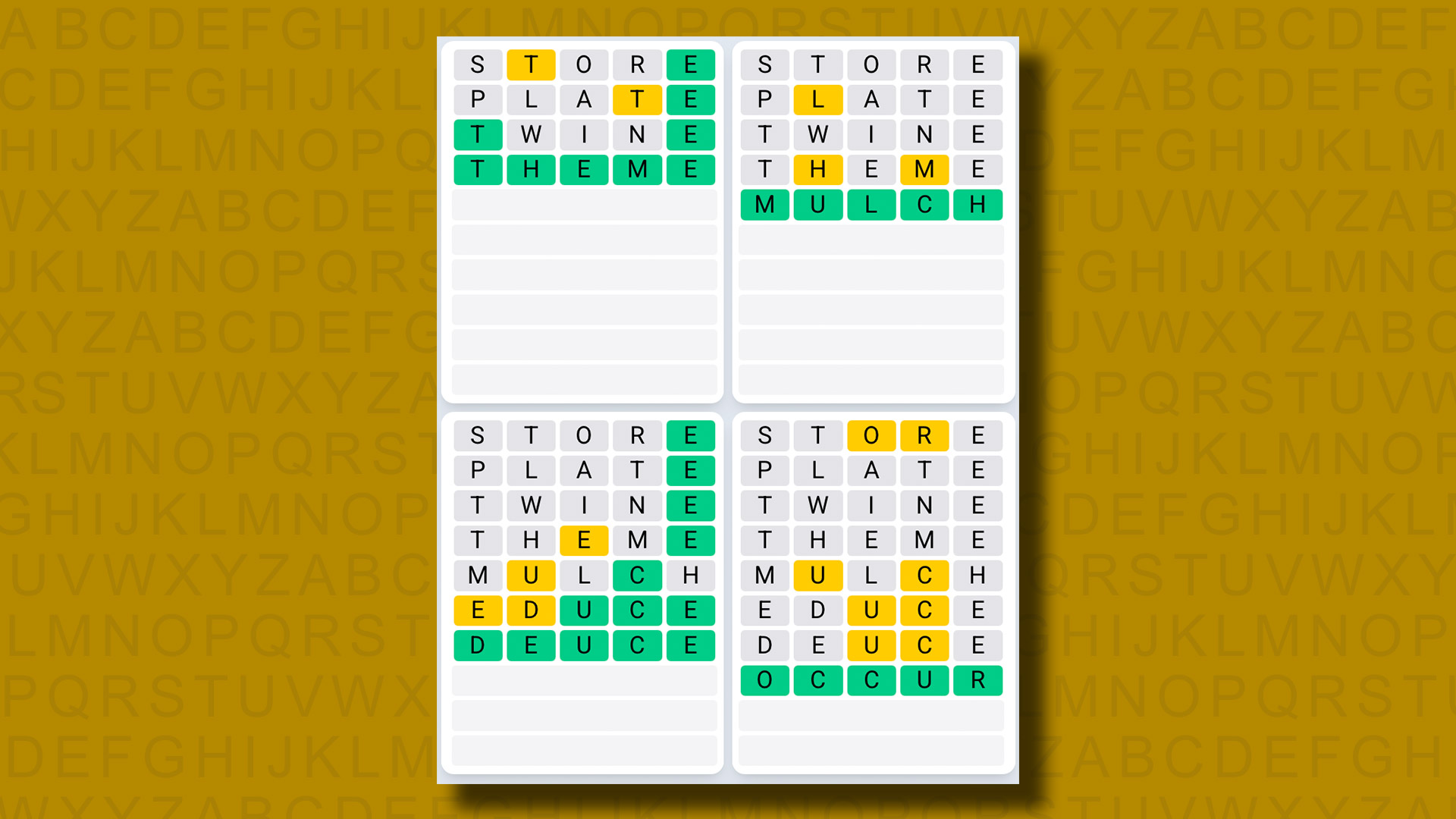 Quordle Daily Sequence answers for game 1257 on a yellow background