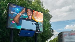 Billboard for the Galaxy Z Fold5 featuring a large 3D phone