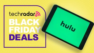 A tablet with the Hulu logo displayed next to the words 'black friday deals'