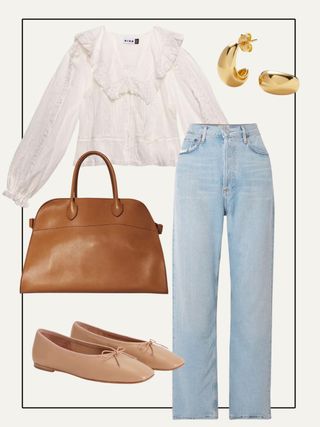 Collage of shirt, jeans, bag, ballet flats and earrings