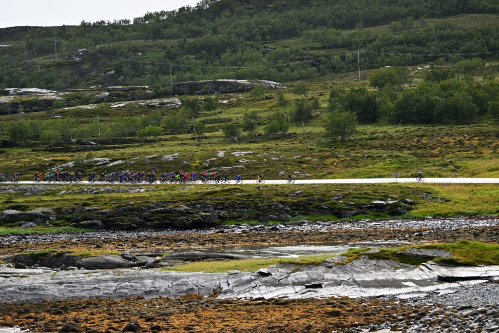 Peloton racing on their way to North Cape, the northernmost point of mainland Europe