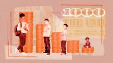 A row of children of varying ages standing in front of stacks of coins with a US dollar bill superimposed on the background